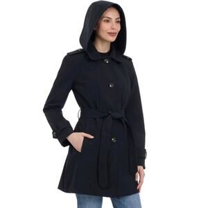 London Fog Womens Trench Coat Size Large Black Hooded Belted Classic Winter Chic